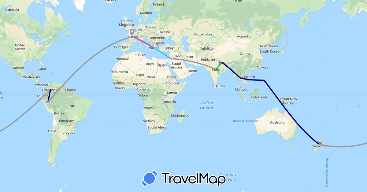 TravelMap itinerary: driving, bus, plane, train, boat in Colombia, France, Greece, India, Jordan, Nepal, New Zealand, Peru, Philippines, Thailand, Vietnam (Asia, Europe, Oceania, South America)